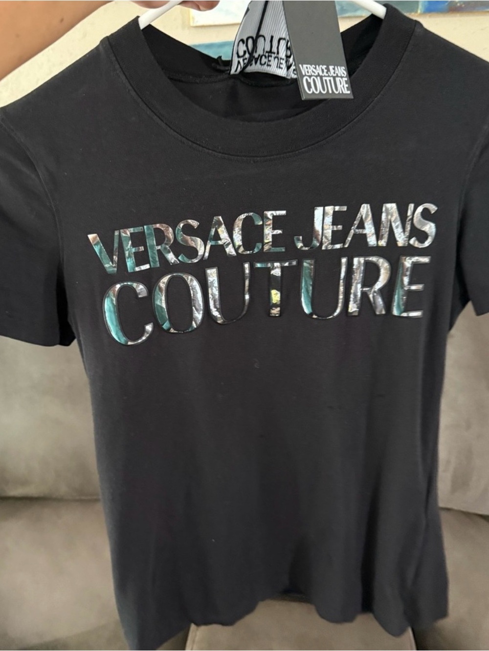 Versace Jeans Couture Black Short Sleeve Logo Tee with Iridescent Lettering